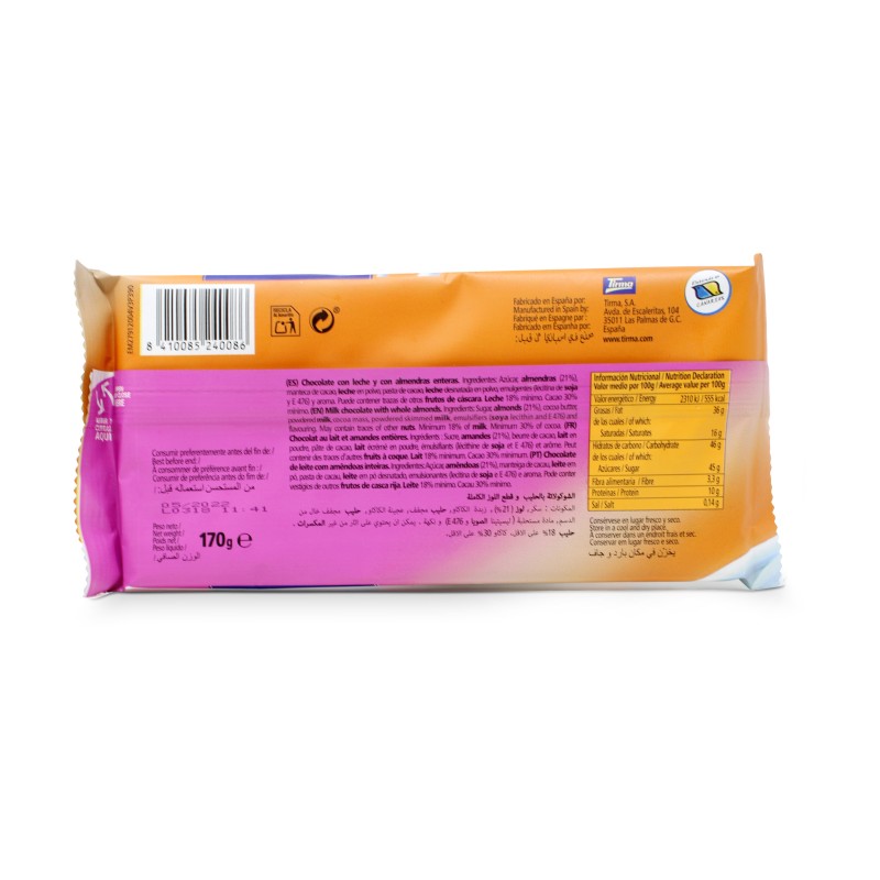Chocolate con leche y almendras enteras 170g